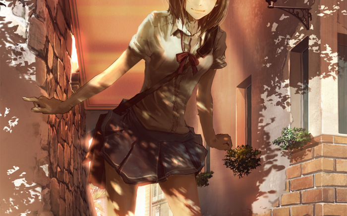 Anime girl in school uniform standing in alley
