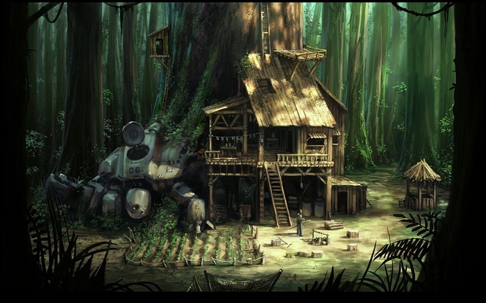 Futuristic robot and wooden house in a forest