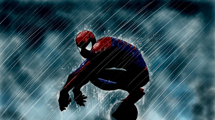 Spider-Man crouching in the rain