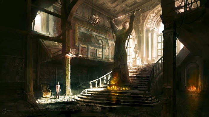 Digital art of a grand, decaying mansion interior