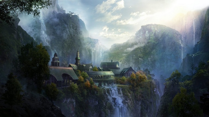 waterfall, fantasy art, reflection, artwork, The Lord of the Rings, J R ...