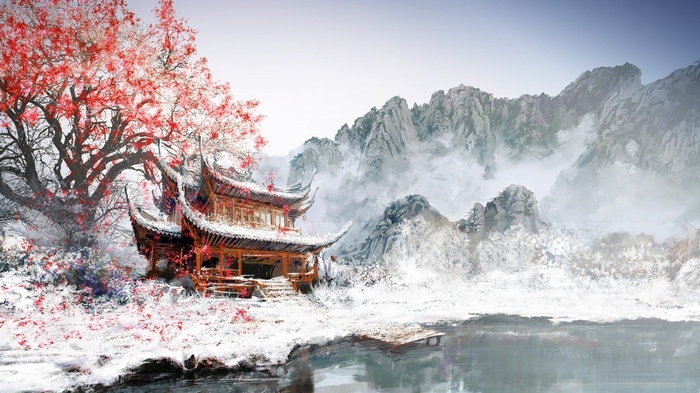 Fantasy Japanese Pagoda in Snowy Mountains with Cherry Blossoms