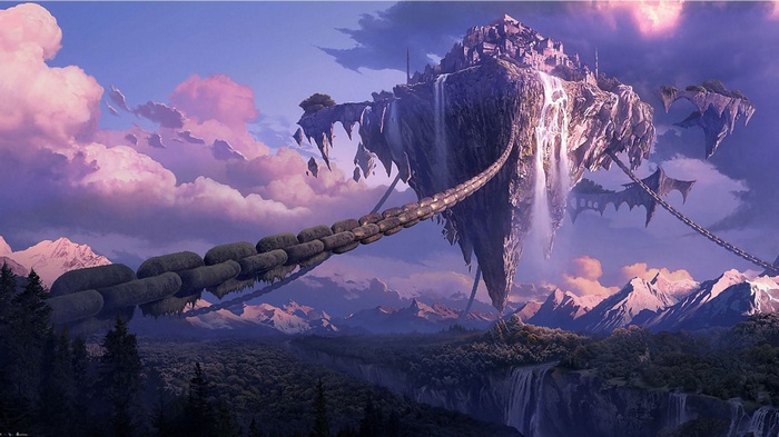 Fantasy floating islands with waterfalls and chains