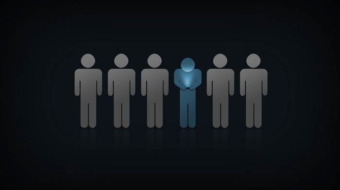 One person illuminated while others are gray