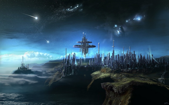 Futuristic city in space with meteors