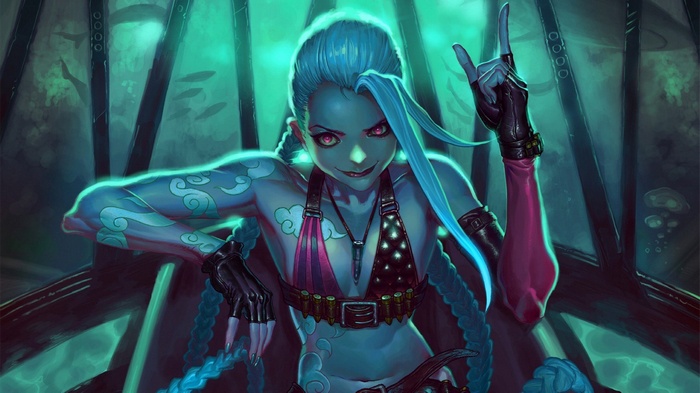 Jinx from League of Legends with blue hair and tattoos