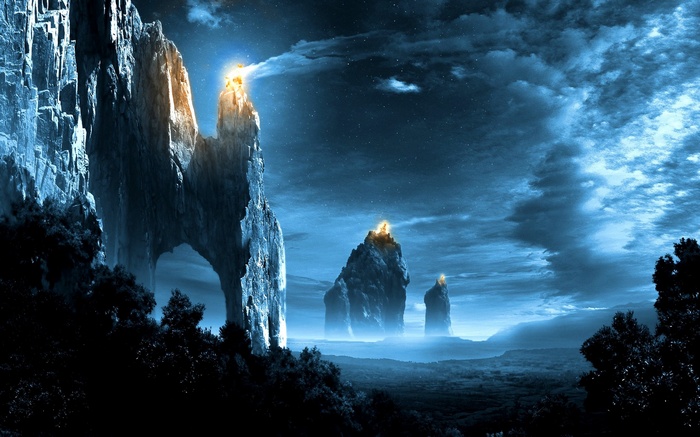 Fantasy night landscape with glowing mountain peaks