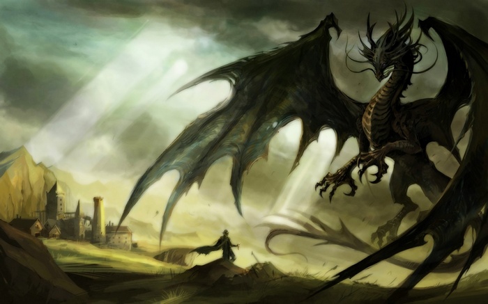 Dragon attacking a village with a lone figure
