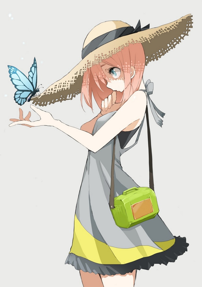 Anime girl with pink hair and a straw hat holding a butterfly