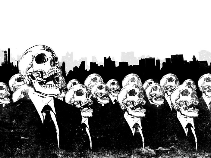 Alex Cherry's monochrome artwork of skulls in suits against a cityscape