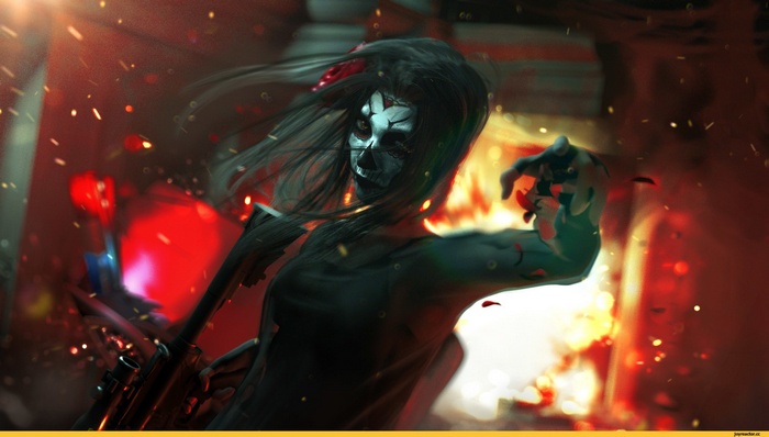 Woman with Sugar Skull face and weapon