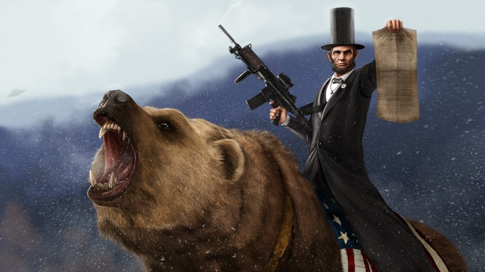 Abraham Lincoln riding a bear with a gun