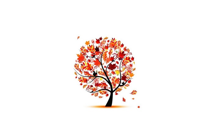 Autumn tree with falling leaves and squirrels