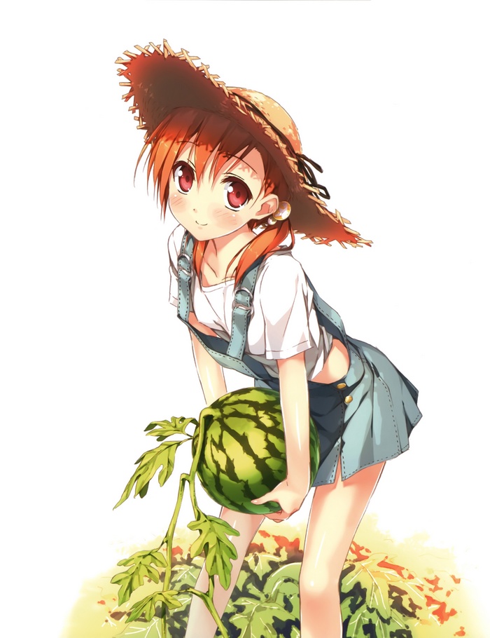 Anime girl with straw hat holding watermelon