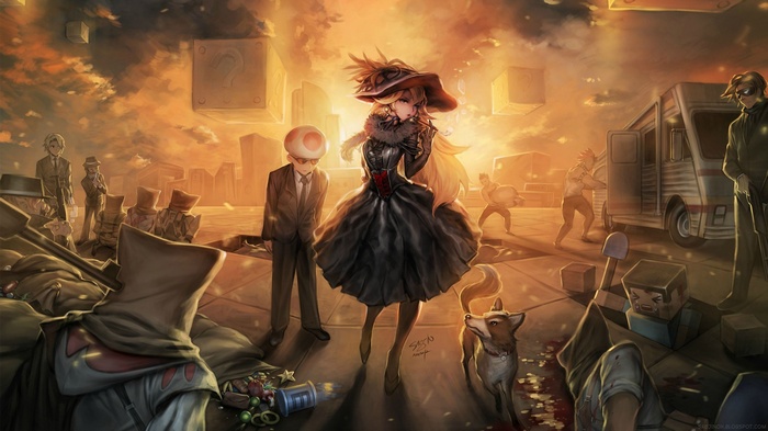 Princess Peach and Toad in a post-apocalyptic video game scene