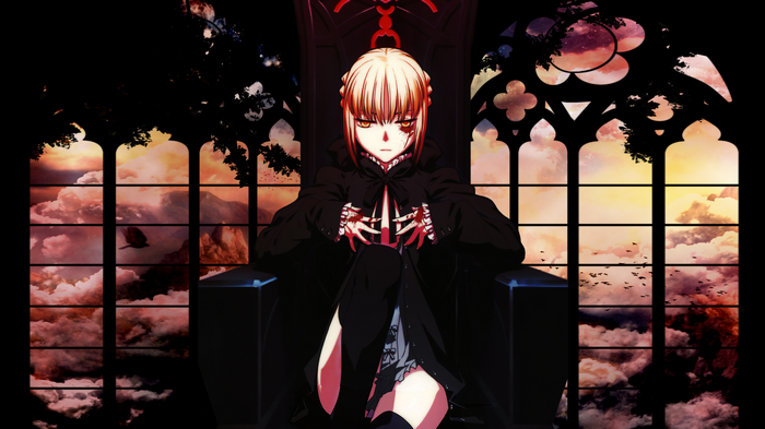 Saber Alter sitting on a throne