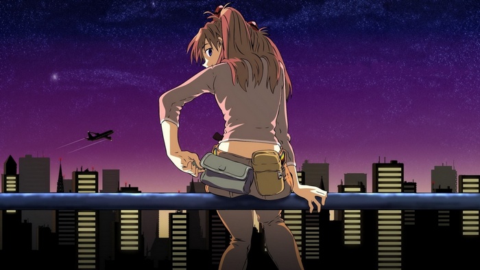 Asuka Langley Soryu sitting on a rooftop at night