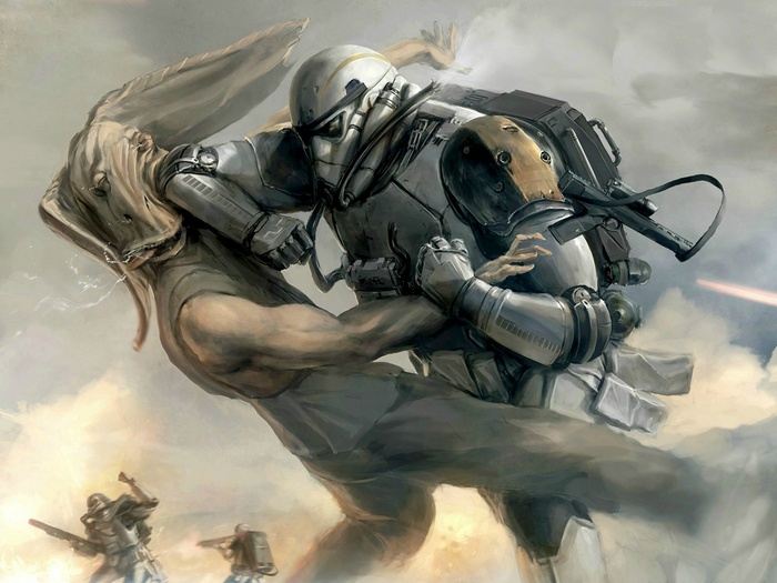 Stormtrooper fighting Jar Jar Binks in Star Wars