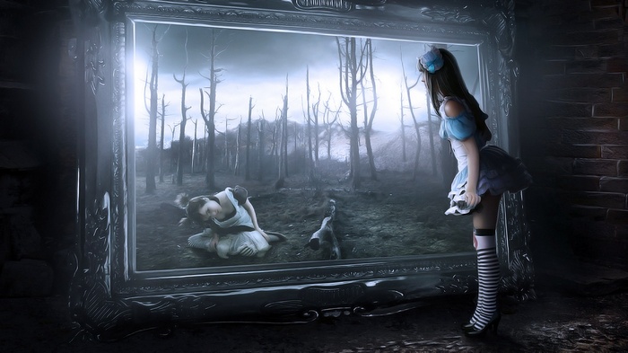 Gothic Artwork Alice in Wonderland Fairy Tale Women Fantasy Girl Spooky Mirror Painting Digital Art Model Fantasy Art Trees