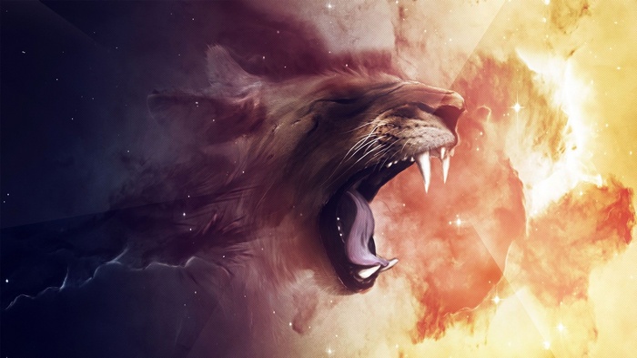 Digital art of a roaring lion in space