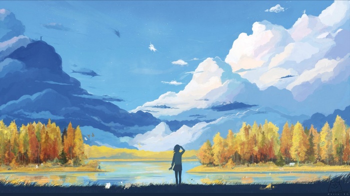 Anime girl looking at a vast landscape with clouds and trees