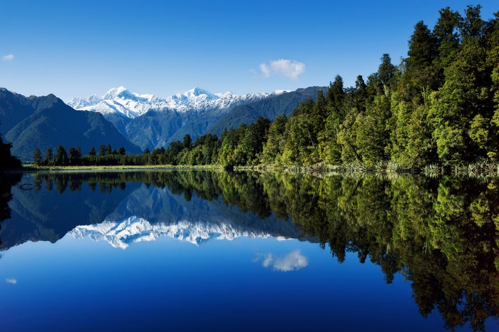 Lake Matheson Water Landscape Reflection Mountains Forest New Zealand Trees Nature Lake