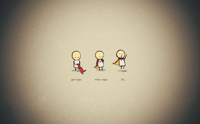 Three stick figures getting a cape, wearing a cape, and flying
