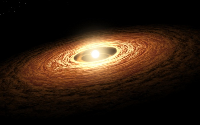 A bright star surrounded by a swirling accretion disk