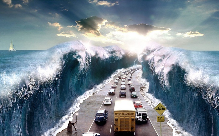 Moses transports cars through parting waves