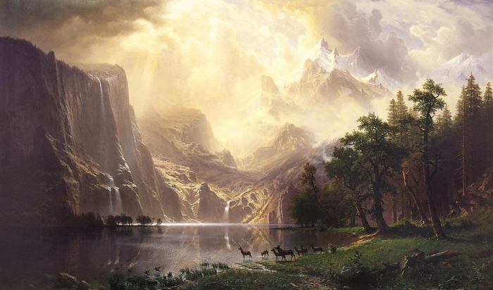 Fantasy Art Snow Waterfall Trees Landscape Deer Albert Bierstadt Artwork Mountains Animals Nature Lake