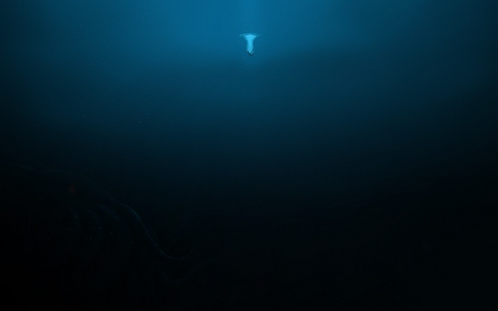 Underwater scene with a diver and a kraken