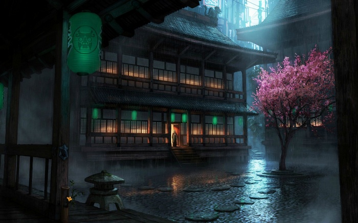 Cherry Blossom Chinese Architecture Chinese Night Dark Artwork Japan Anime Fantasy Art Japanese Lantern