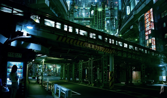 Cyberpunk city at night with a train and neon lights
