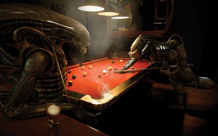 Alien and Predator playing pool