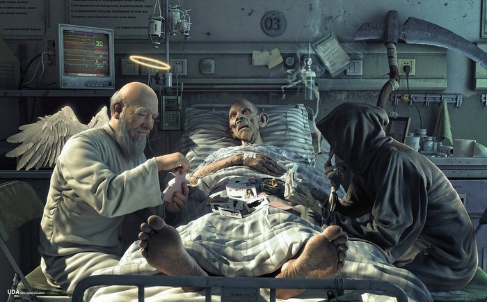 Angel and Grim Reaper visit a dying patient in a hospital