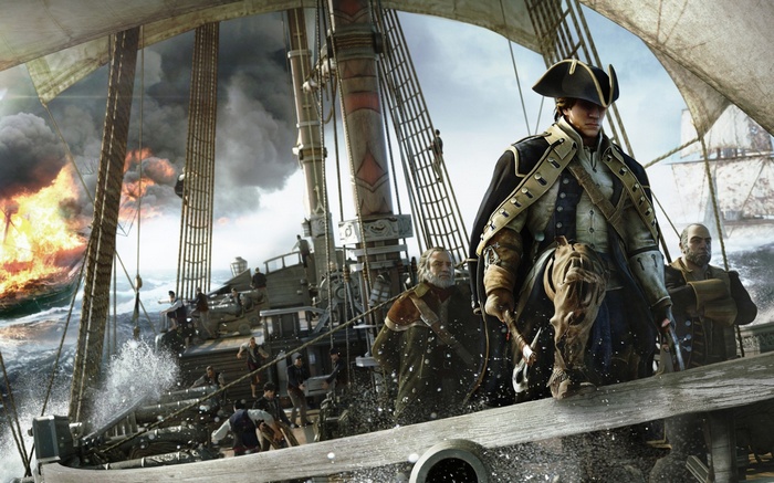 Assassin's Creed III naval battle with burning ship