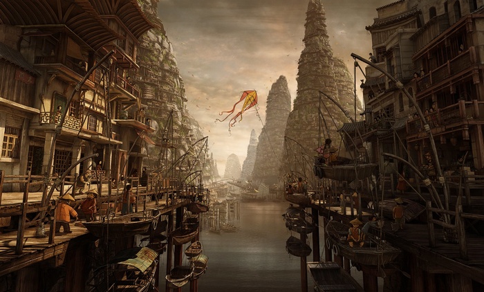 Fantasy city with a kite flying over a canal