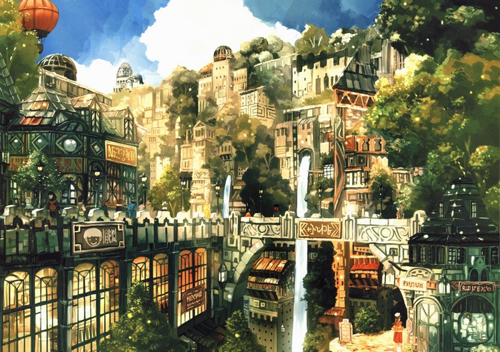 Fantasy anime cityscape with waterfalls and hot air balloons