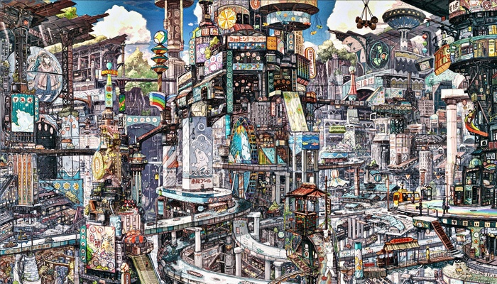 Fantasy anime cityscape with intricate buildings and signs