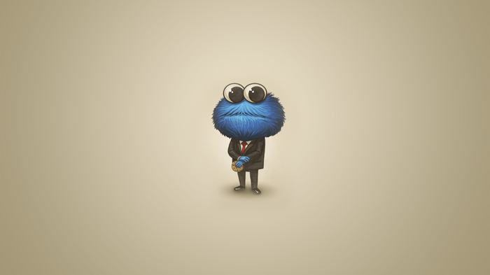 Cookie Monster in a suit holding a cookie