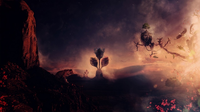 Fantasy landscape with eagle, lion, and surreal trees