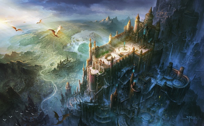 Fantasy castle on a cliff with dragons flying