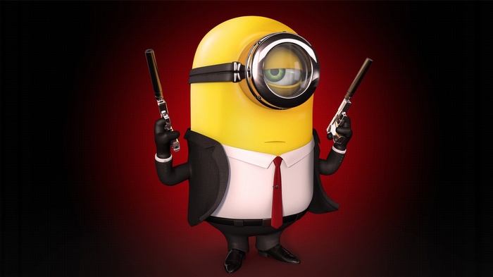 Minion dressed as Hitman holding two pistols