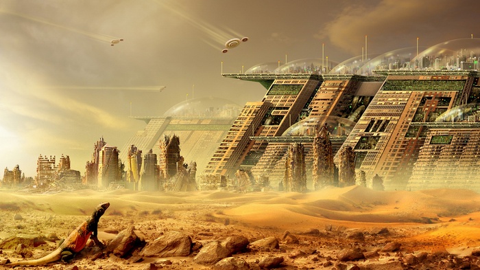 Futuristic desert city with flying vehicles and a lizard