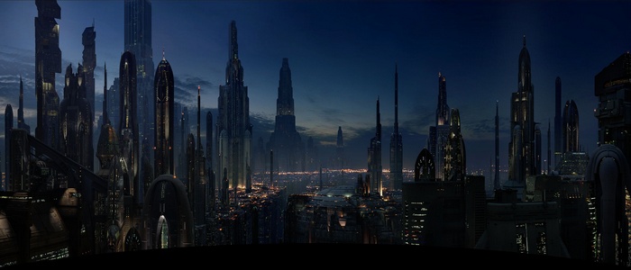 Coruscant cityscape at dusk, Star Wars