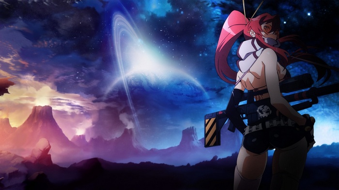 Yoko Littner with a rifle in space