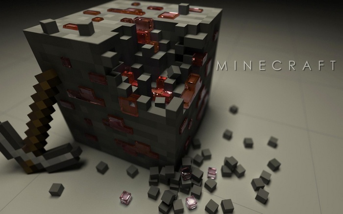 Minecraft ore block with pickaxe and scattered blocks