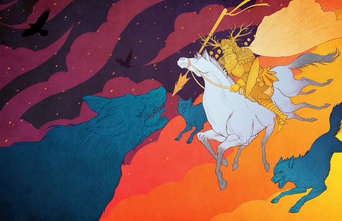 Odin riding Sleipnir with Fenrir and wolves