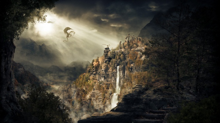Dragon flying over a fantasy mountain landscape