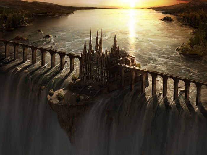 sunset waterfall fantasy art concept art bridge castle artwork